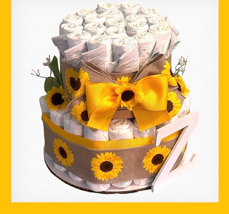 Sunflower Diaper Cake, Baby shower centerpiece, Sunflower baby shower, Diaper cakes for Girls, What will it bee baby shower decor image 4