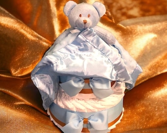 Teddy Bear Security Blanket Diaper Cake, Teddy Bear Lovie, Diaper Cake, Baby shower centerpiece, Baby shower gift