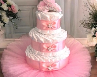 4-Tier Diaper Cake with Tutu & Tiara: Baby Girl Shower Centerpiece
