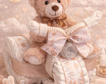 Pastel de pañales con forma de osito de peluche unisex, centro de mesa para baby shower, regalo único para baby shower, regalo de lujo para niño o niña, unisex