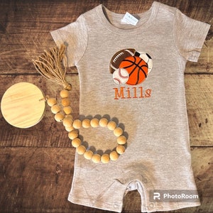 Monogrammed Baby Boys Sports Romper, Boy&#39;s Personalized Embroidered Romper, Teddy Bear Baby Romper, Baby boy&#39;s custom gift