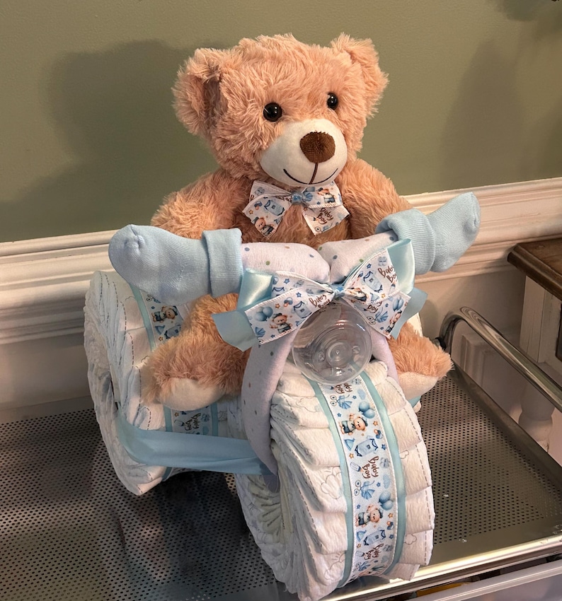 Diaper Tricycle Baby Shower Gift, Baby Shower Centerpiece, Diaper Cake for Boy or Girl, Personalized New Baby Gift Bild 13
