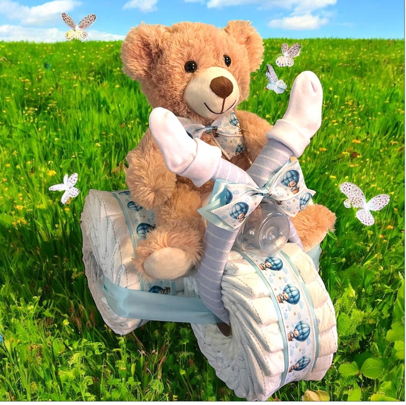 Diaper Tricycle Baby Shower Gift, Baby Shower Centerpiece, Diaper Cake for Boy or Girl, Personalized New Baby Gift Bild 6