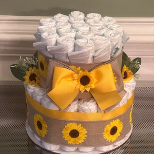 Sunflower Diaper Cake, Baby shower centerpiece, Sunflower baby shower, Diaper cakes for Girls, What will it bee baby shower decor image 7