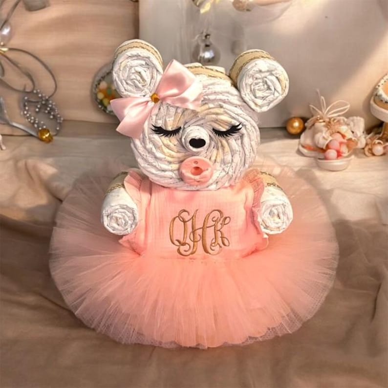Handmade Teddy Bear Diaper Cake Gift, Pink Tutu Baby Shower Centerpiece Baby Girl Diaper Cake New Mom Gift w/ tutu and emb bib