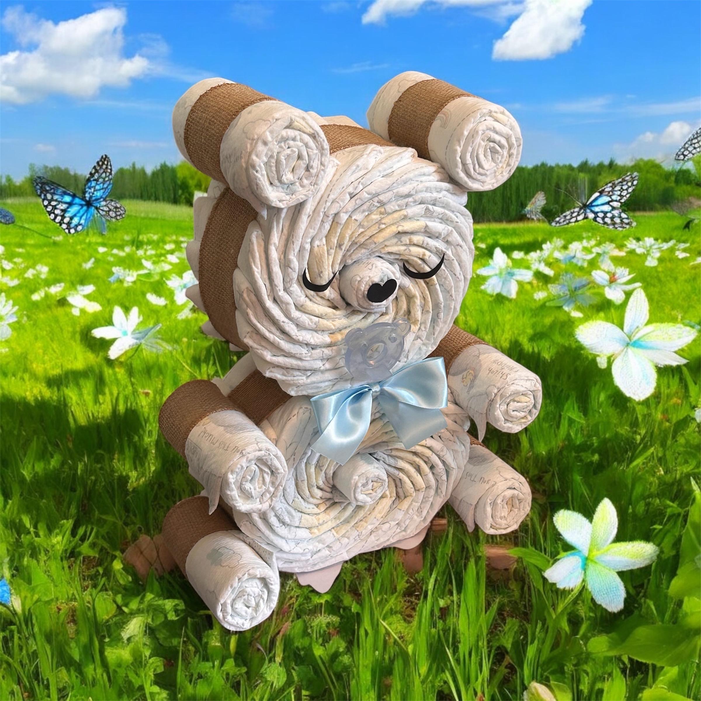 Teddy Bear Diaper Cake – Baby Shower Centerpiece Gift 50 Pampers ...