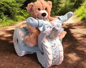 Diaper Cake Tricycle: Baby Shower Centerpiece, Unique Baby Shower Decoration,Luxury Baby Gift for Boy or girl Neutral