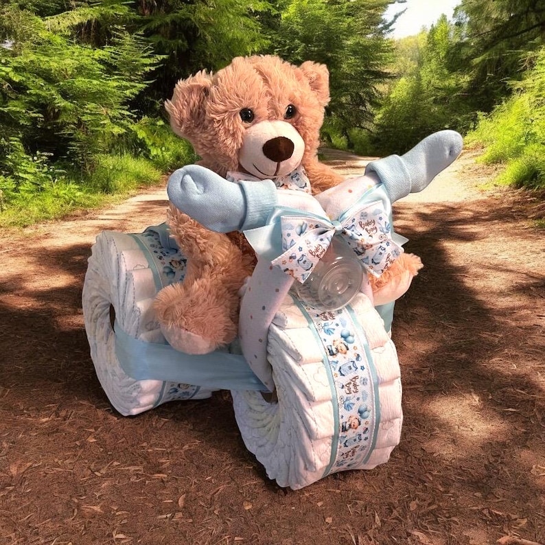Diaper Tricycle Baby Shower Gift, Baby Shower Centerpiece, Diaper Cake for Boy or Girl, Personalized New Baby Gift Bild 2