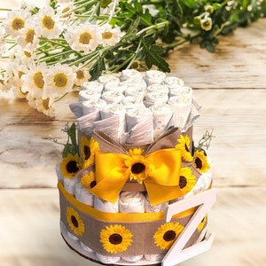 Sunflower Diaper Cake, Baby shower centerpiece, Sunflower baby shower, Diaper cakes for Girls, What will it bee baby shower decor image 3