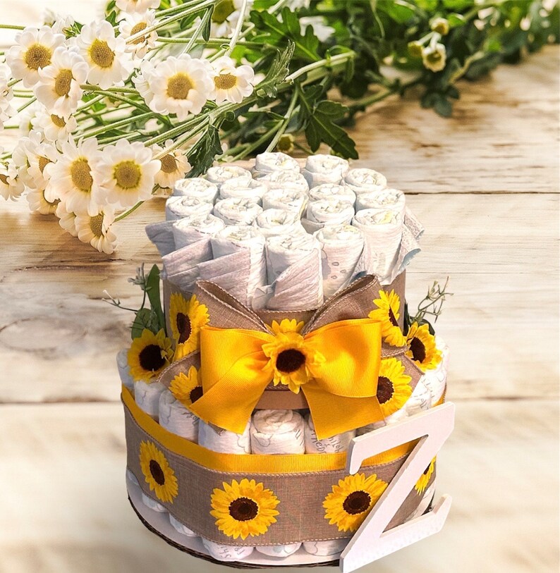 Sunflower Diaper Cake, Baby shower centerpiece, Sunflower baby shower, Diaper cakes for Girls, What will it bee baby shower decor image 3