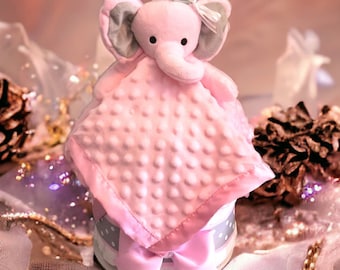 Pink Elephant Diaper Cake with Security Blanket, Pink Elephant Lovie, Embroidered Lovie, , Baby shower gift, baby shower centerpiece