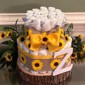 Sunflower Diaper Cake, Baby shower centerpiece, Sunflower baby shower, Diaper cakes for Girls, What will it bee baby shower decor image 2