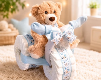 Luxury Diaper Cake Tricycle Baby Shower Centerpiece Neutral baby gift for Boy or Girl Unique Baby Shower Decor