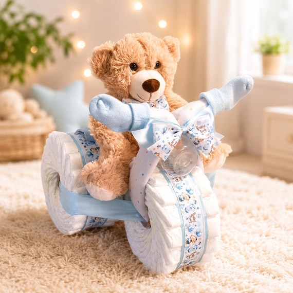 Luxury Diaper Cake Tricycle Baby Shower Centerpiece Neutral baby gift for Boy or Girl Unique Baby Shower Decor