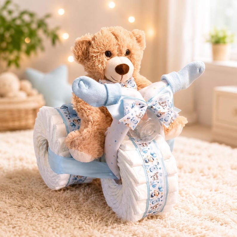 Diaper Tricycle Baby Shower Gift, Baby Shower Centerpiece, Diaper Cake for Boy or Girl, Personalized New Baby Gift Bild 1