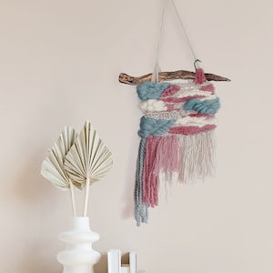 Teal beige and pink handwoven wall art. Interior decor
