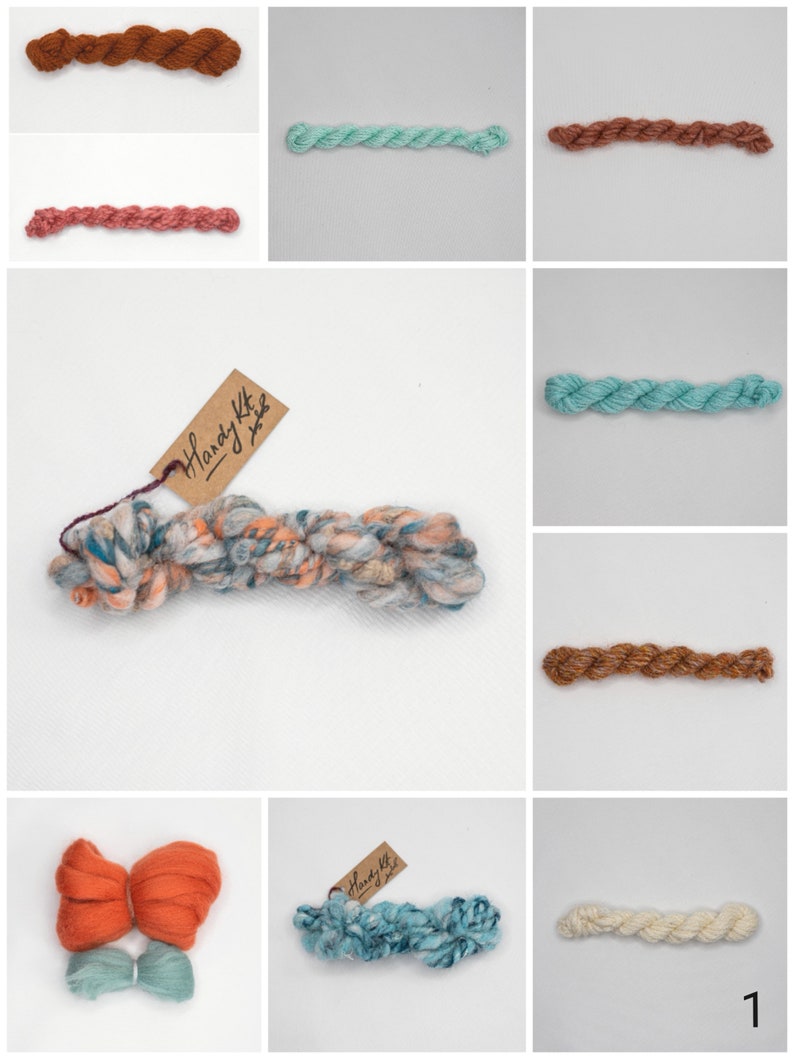 green and rust tone handspun art yarn bundle .Weaving textile fiber pack. Blue,teal