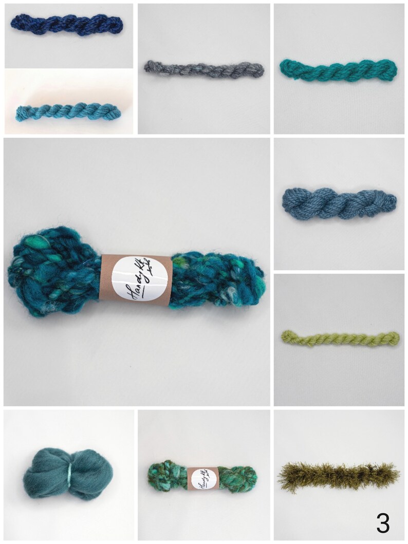 green and rust tone handspun art yarn bundle .Weaving textile fiber pack. Blue,teal