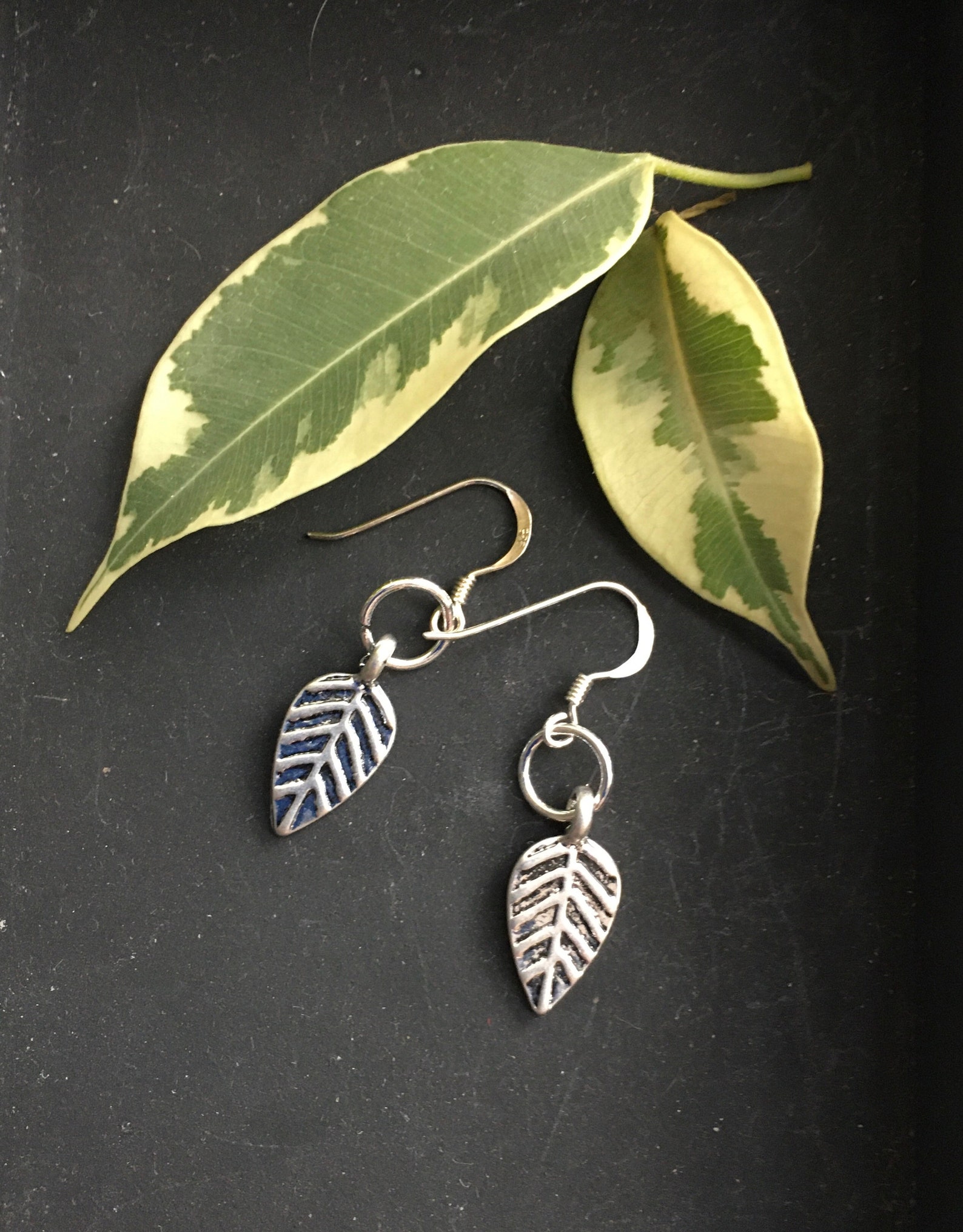 silver drop leaf earrings