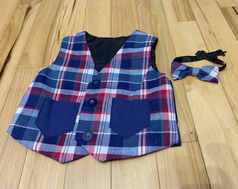 Red, White, and Blue Plaid Vest with Bow Tie