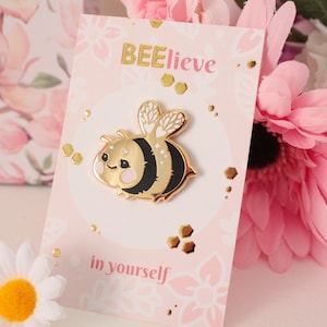 Cute and shiny bumblebee enamel pin "Honey" - Believe in Yourself - with glossy backing card