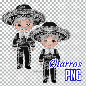 Puede incluir: Dos ilustraciones de dibujos animados de hombres con trajes de charro mexicanos tradicionales. Los hombres visten trajes de charro negros y plateados con bordados plateados, sombreros negros con ribetes plateados y corbatas de moño blancas. El texto "Charros PNG" está en letras azules en la parte inferior de la imagen.