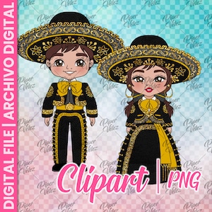 May include: A digital clipart image of a couple wearing traditional Mexican clothing. The man is wearing a black charro suit with gold embroidery and a wide-brimmed sombrero. The woman is wearing a black charro dress with gold embroidery and a wide-brimmed sombrero. Both are smiling.