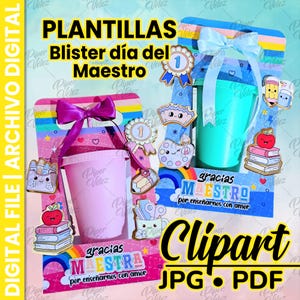 May include: Digital file featuring templates for teacher appreciation gifts. The design includes pink and teal cups, decorative elements, and the text "Gracias Maestra" and "Clipart JPG PDF".