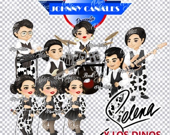 May include: A digital illustration of a band with a black and white cow print pattern. The band is called "Selena y Los Dinos" and the text "10 Clipart PNG" is also included in the image.
