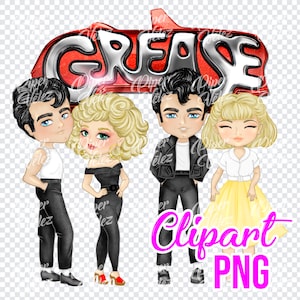May include: A digital illustration featuring four cartoon characters from the movie "Grease." The characters are dressed in iconic 1950s attire, with the movie title in a red and silver design above them. The word "Clipart" and "PNG" are also included.