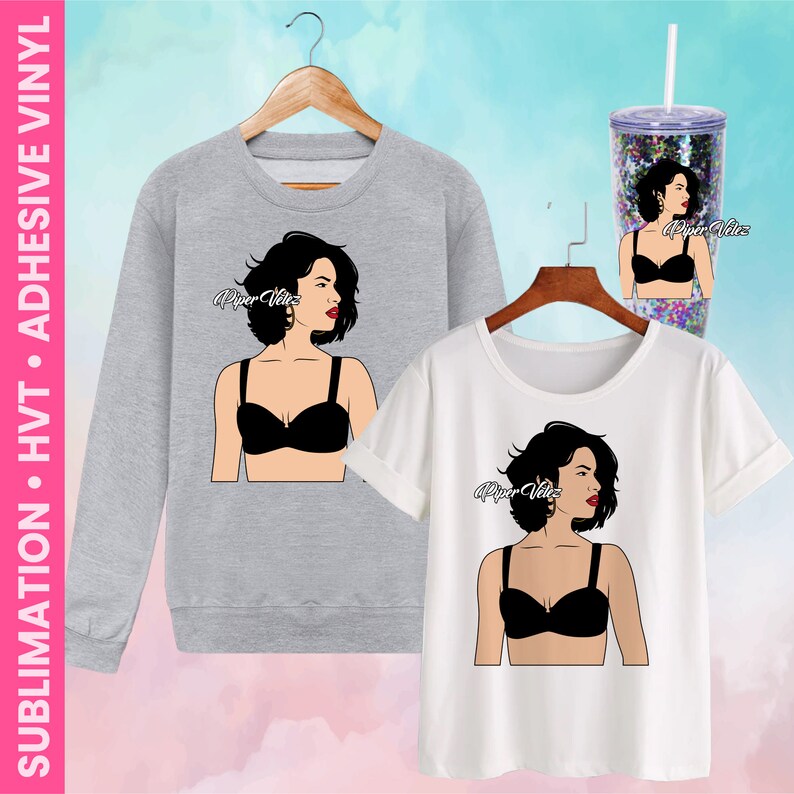 May include: A set of two shirts featuring a black and white illustration of a woman with the text "Piper Valdez". One shirt is grey and the other is white.