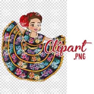 May include: A colorful illustration of a woman wearing a traditional Mexican dress with floral patterns and gold accents. The dress is a vibrant mix of pink, purple, yellow, and blue flowers on a black background. The woman has brown hair, brown eyes, and a red flower in her hair. The text "Clipart .PNG" is written in red letters on a white background.