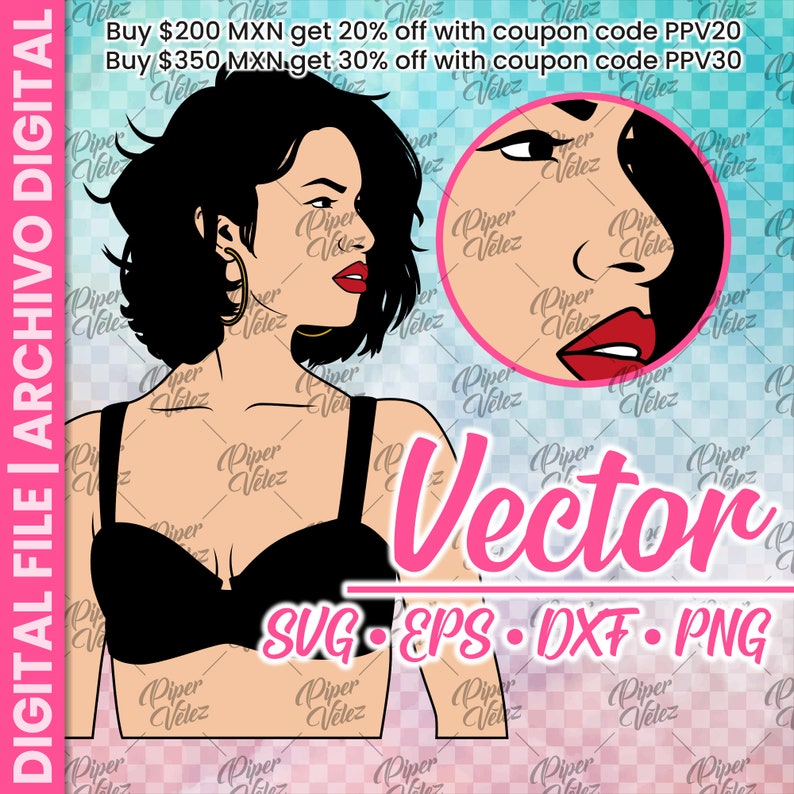 May include: A digital illustration of a woman with black hair and a black top. The image is in a vector format and includes the text "Vector" and "SVG - EPS - DXF - PNG".