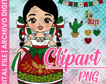 May include: A digital clipart image of a girl wearing a traditional Mexican dress with red, green, and white colors. The dress is decorated with gold glitter and a white dove. The girl has long black hair with braids and is wearing a red flower in her hair. The background is a light blue with a checkered pattern. The text "5 de Mayo" is written in gold glitter on the top right corner of the image.