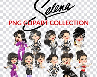 May include: A digital clipart collection featuring ten different illustrations of Selena Quintanilla in various outfits and poses. The illustrations are in a cartoon style and feature a variety of colors, including purple, black, white, and red.