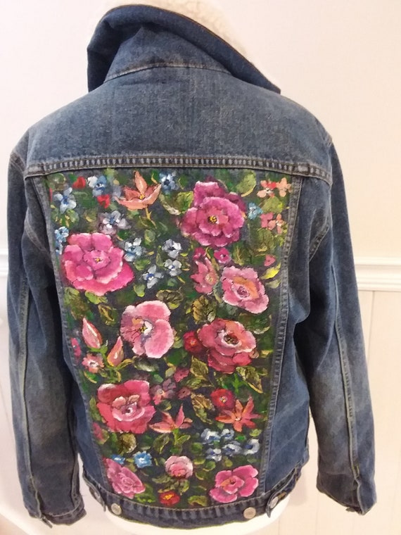 Hand Painted Floral Rose Borg Lined Blue Denim Jacket - Etsy