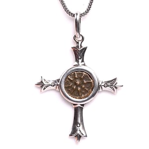 Antique Widow&#39;s Mite Coin set in Sterling Silver - Ancient Biblical Coin Jewelry - Cross Necklace - Certificate of Authenticity Included
