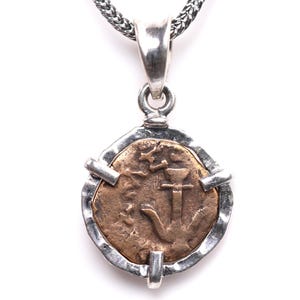 Antique Widow&#39;s Mite Coin set in Sterling Silver - Ancient Biblical Coin Jewelry - Gift Necklace - Certificate of Authenticity Included