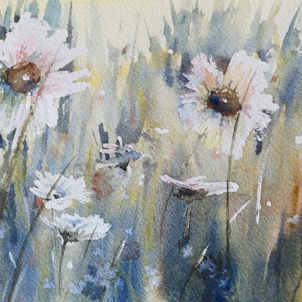 Sheila Romard original watercolour - Wild Daisies** 10" x 7"** ready to frame rustic impressionism on Arches cold pressed paper