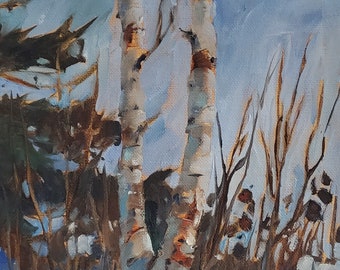 "Snowy Birches ""Snowy Birches"" Sheila Romard 20x20, Öl auf Leinwand Winterlandschaft Lake Simcoe Ontario hängefertig."