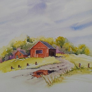 Sheila Romard aquarelle originale - Spring Barns 9 x 12 sur papier 100% coton, prêt à encadrer. Beaux verts de printemps après la pluie