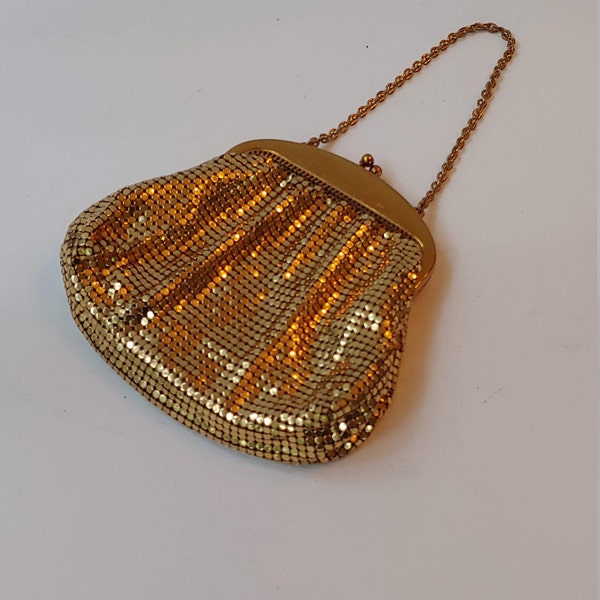 Vintage Whiting and Davis Gold Mesh Bag with ORIGINAL Compact Mirror, Bar Purse, Mid-century handbag