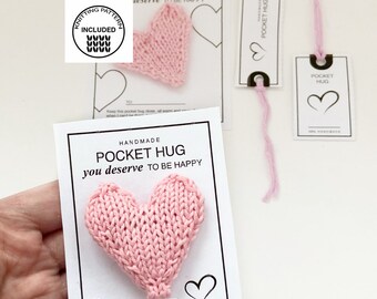 PRINTABLE Pocket HUG Tags, Knitting heart Pattern, Handmade Pocket Hug Tags, Knitting Heart Pattern PDF