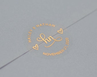 Pegatinas de boda personalizadas con lámina metálica auténtica, elegantes precintos para sobres