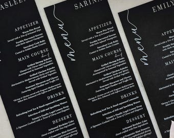 Menú de boda personalizado en negro, elegante tarjeta impresa en blanco y negro, nombre personalizado