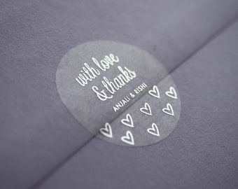 Pegatinas personalizadas de boda con corazones en papel metalizado, etiquetas de agradecimiento para regalos