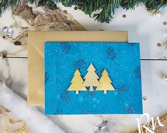 Tarjeta navideña con árbol de Navidad y purpurina dorada – Tarjeta navideña hecha a mano