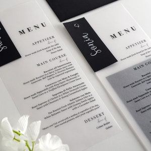 Menu de mariage personnalisé, menus en vélin, menus opaques avec étiquette nominative, carte de visite personnalisée, menu personnalisé, papeterie pour le dîner de répétition