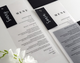 Menú de boda personalizado en papel vegetal con etiqueta de nombre personalizada