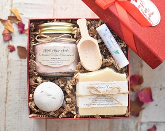 Custom Spa Valentine Gift Set /Natural Skin Care/De-stress Gift Box/Relaxing Spa Day At Home/Self Care/ Goat Milk Soap/Sugar Scrub/ Bath Kit